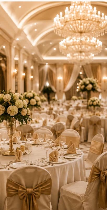 Banquet hall set for an event Banquet hall set for an event with chandeliers, floral centrepieces and laid tables