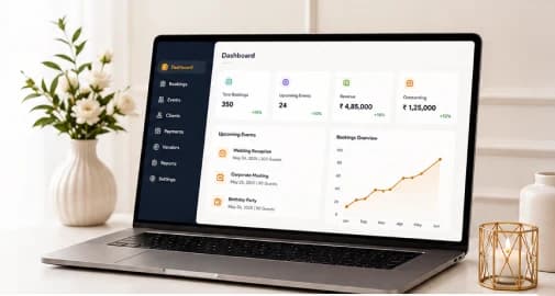 Banquet management software dashboard Banquet management software dashboard showing bookings, revenue and an events overview chart
