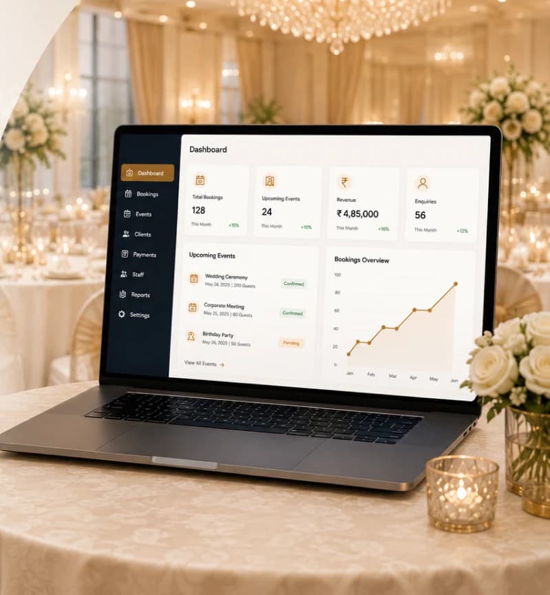 Banquet management software dashboard Banquet management software dashboard on a laptop in a decorated banquet hall