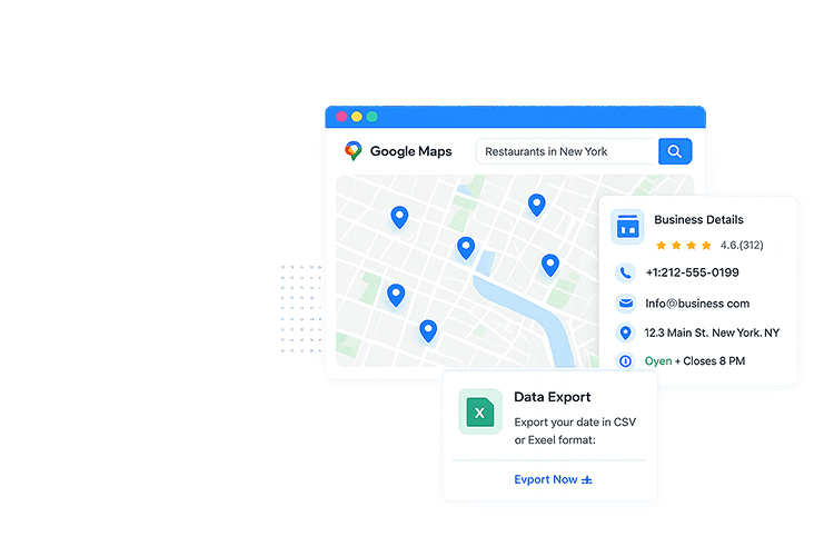 Google Maps search results with a business details panel and CSV export dialog
