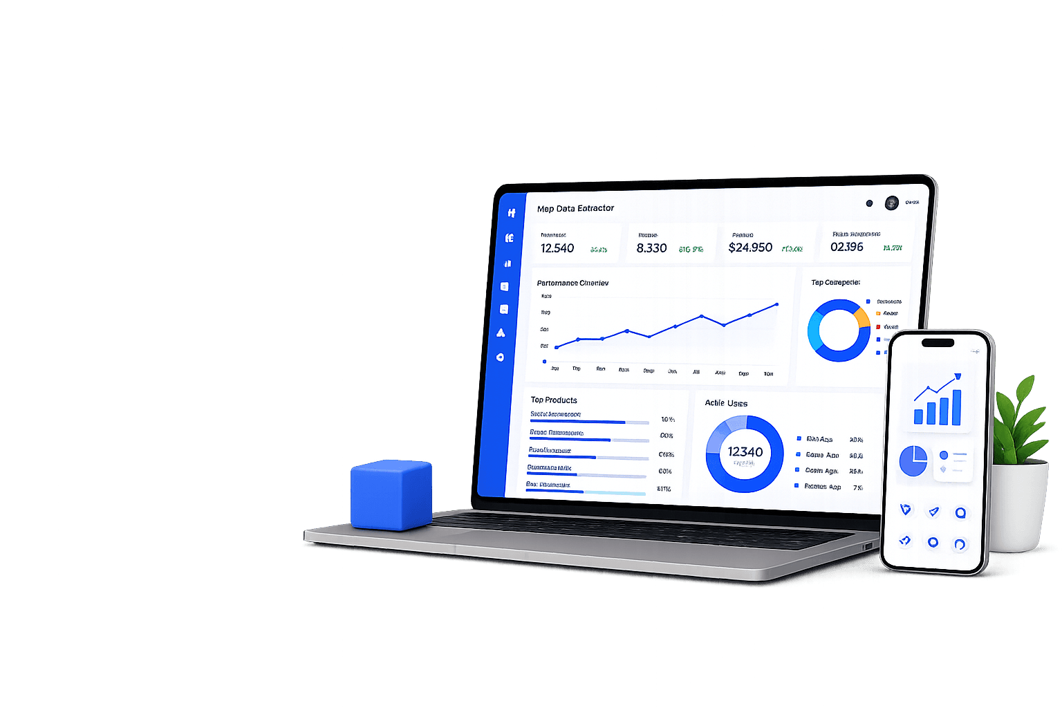 Market Place dashboard preview Media Tech Temple marketplace dashboard on a laptop and phone, showing analytics, top products and active-usage summaries