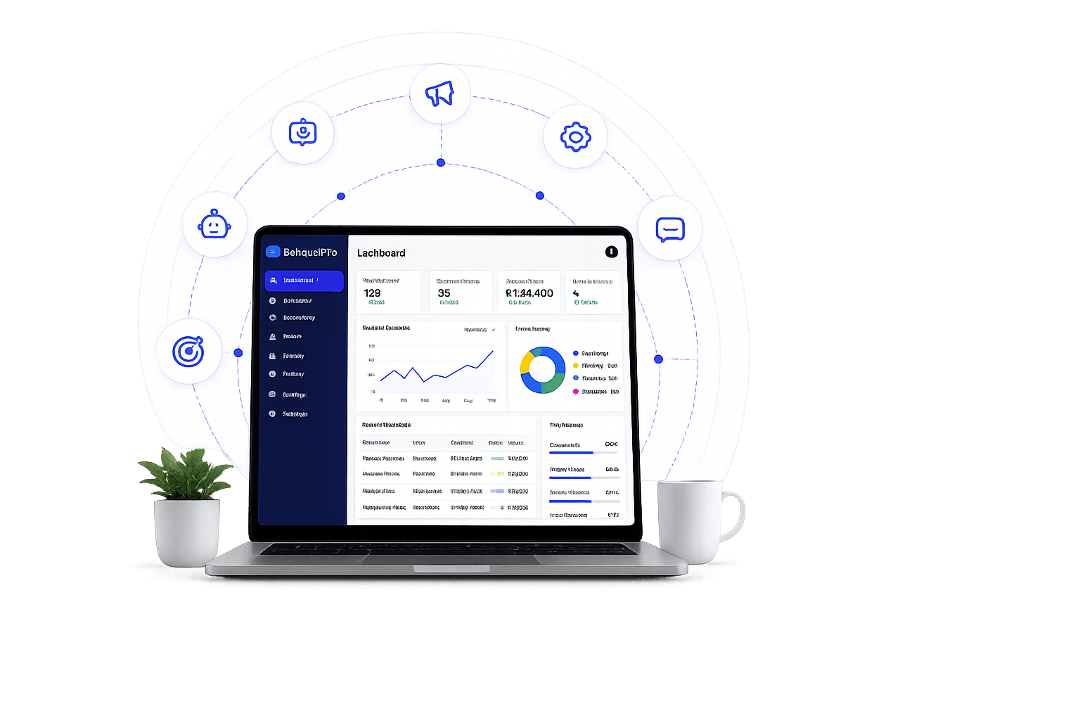 Products and services overview Laptop dashboard surrounded by icons for software development, digital marketing, business automation and business communications